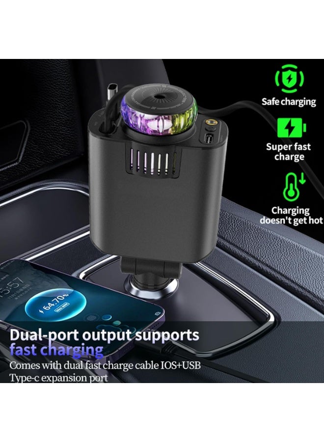 HERIOS 5-in-1 Car Charger with 180° Adjustable Head, Retractable 80cm Fast Charging Cables USB-C and iOS, Dual Port 45W, Air Freshener with LED Star Light, type c cable, car charger fast charging - Image 3